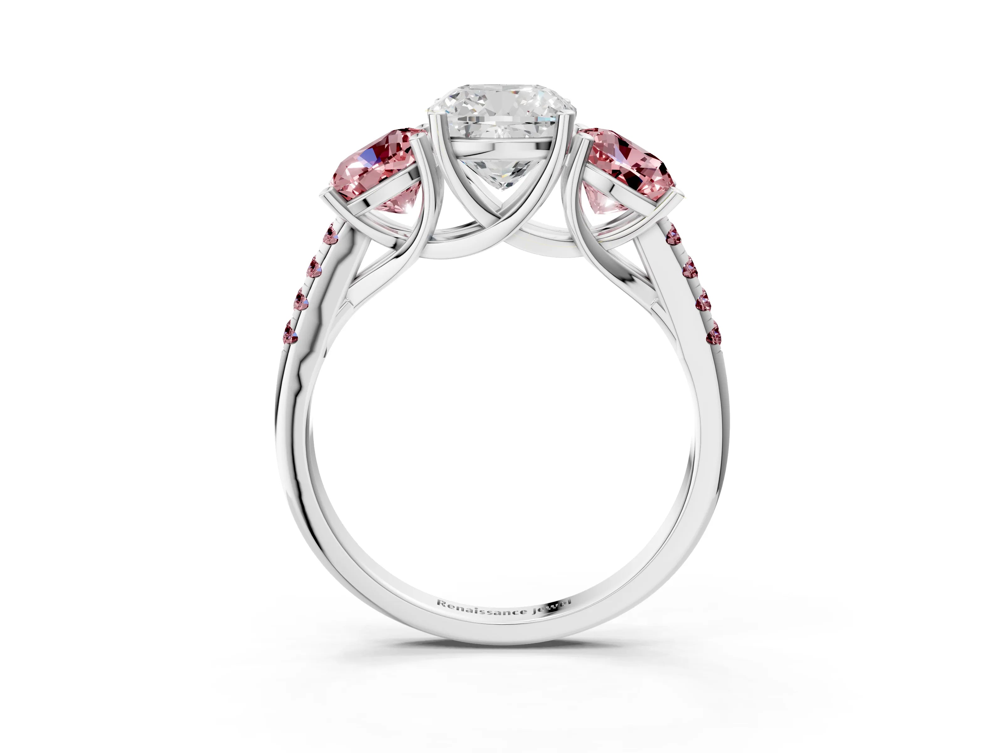 White gold Three-Stone Cushion Cut Diamond Ring with Round with Morganite side stone Pavé Band and Prong Setting_3