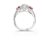 White gold Three-Stone Cushion Cut Diamond Ring with Round with Morganite side stone Pavé Band and Prong Setting_3