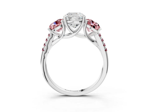 White gold Three-Stone Cushion Cut Diamond Ring with Round with Morganite side stone Pavé Band and Prong Setting_3
