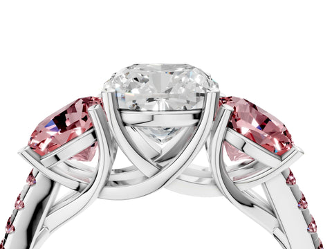 White gold Three-Stone Cushion Cut Diamond Ring with Round with Morganite side stone Pavé Band and Prong Setting_4