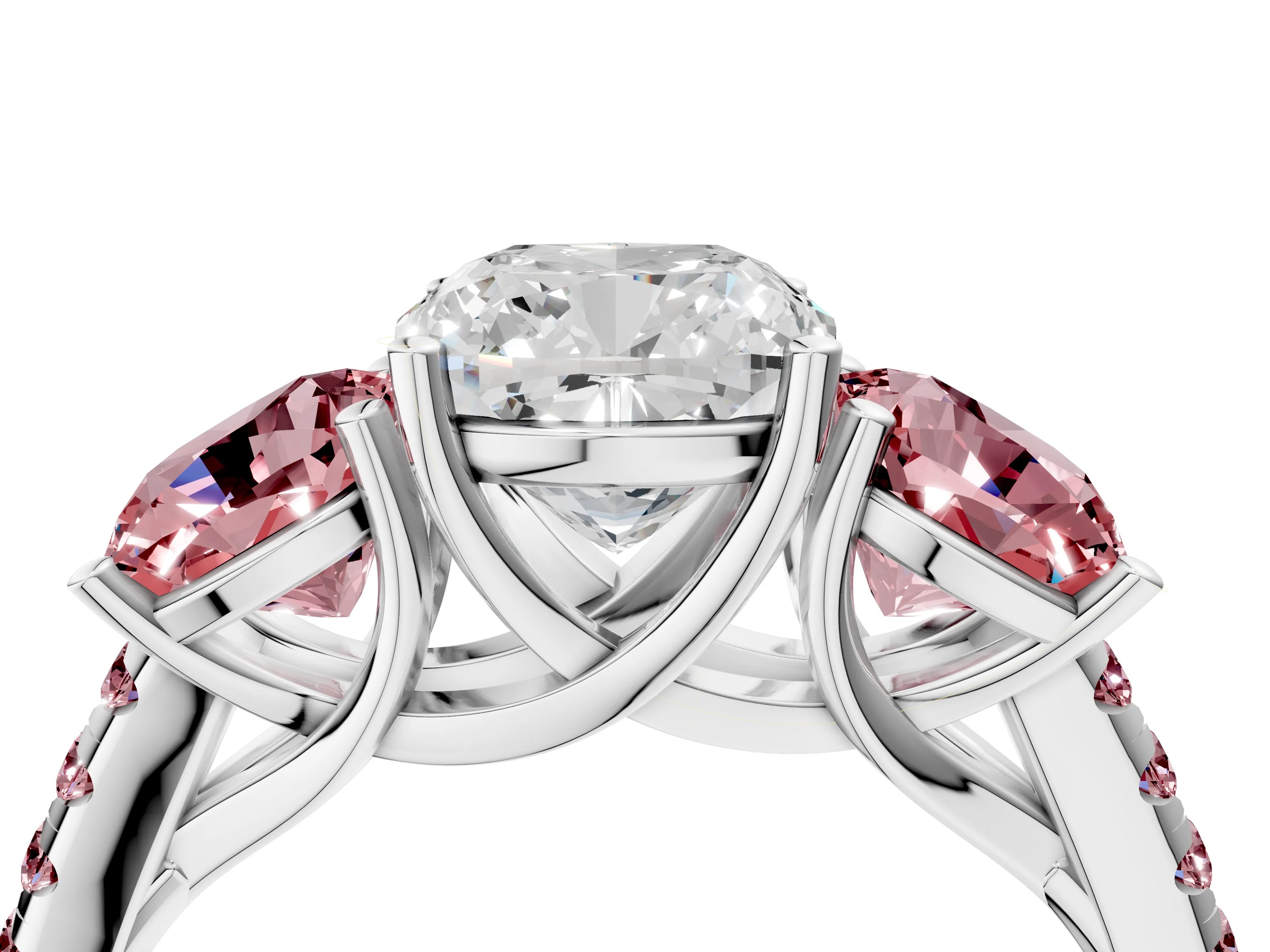 White gold Three-Stone Cushion Cut Diamond Ring with Round with Morganite side stone Pavé Band and Prong Setting_4