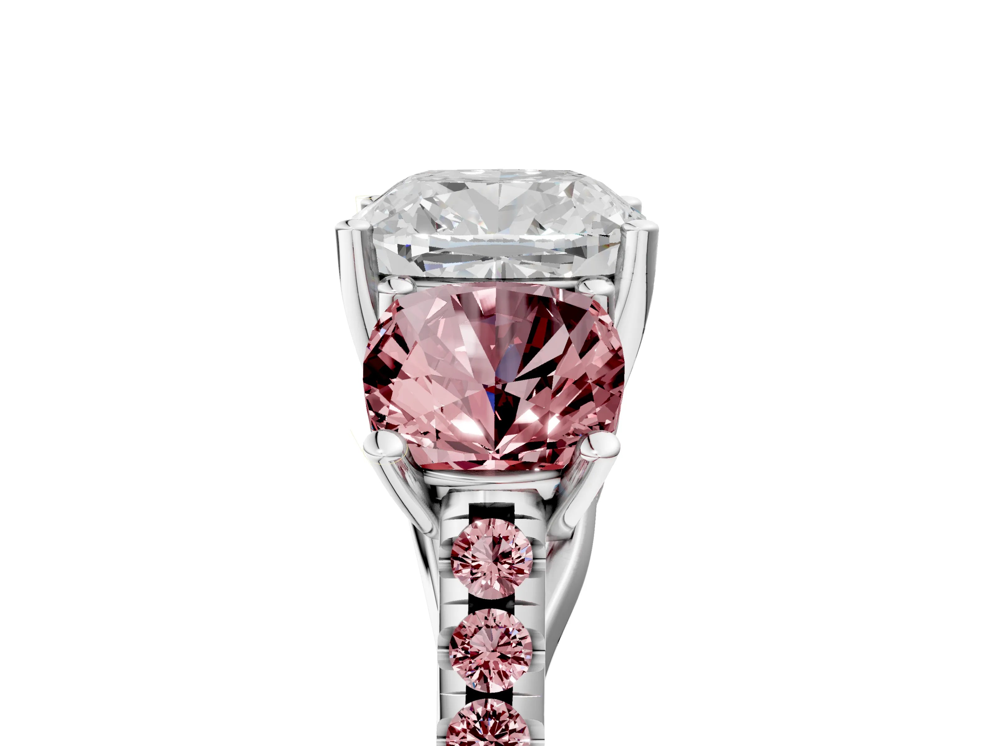 White gold Three-Stone Cushion Cut Diamond Ring with Round with Morganite side stone Pavé Band and Prong Setting_5