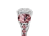 White gold Three-Stone Cushion Cut Diamond Ring with Round with Morganite side stone Pavé Band and Prong Setting_5