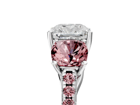 White gold Three-Stone Cushion Cut Diamond Ring with Round with Morganite side stone Pavé Band and Prong Setting_5