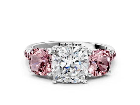 White gold Three-Stone Cushion Cut Diamond Ring with Round with Morganite side stone Pavé Band and Prong Setting