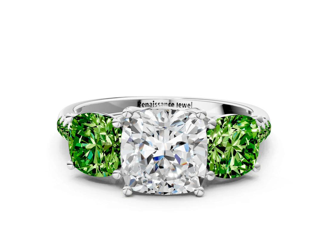 White gold Three-Stone Cushion Cut Diamond Ring with Round with Peridot side stone Pavé Band and Prong Setting