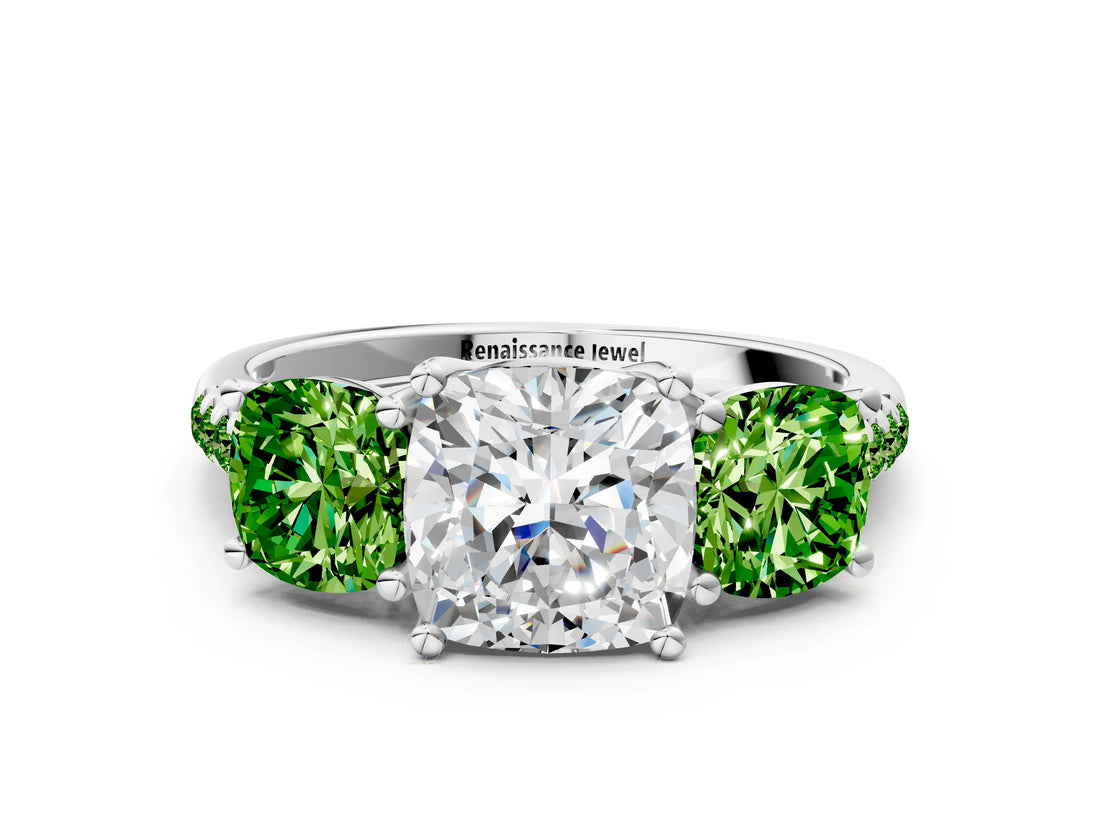 White gold Three-Stone Cushion Cut Diamond Ring with Round with Peridot side stone Pavé Band and Prong Setting_12