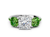 White gold Three-Stone Cushion Cut Diamond Ring with Round with Peridot side stone Pavé Band and Prong Setting_12
