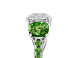White gold Three-Stone Cushion Cut Diamond Ring with Round with Peridot side stone Pavé Band and Prong Setting_17