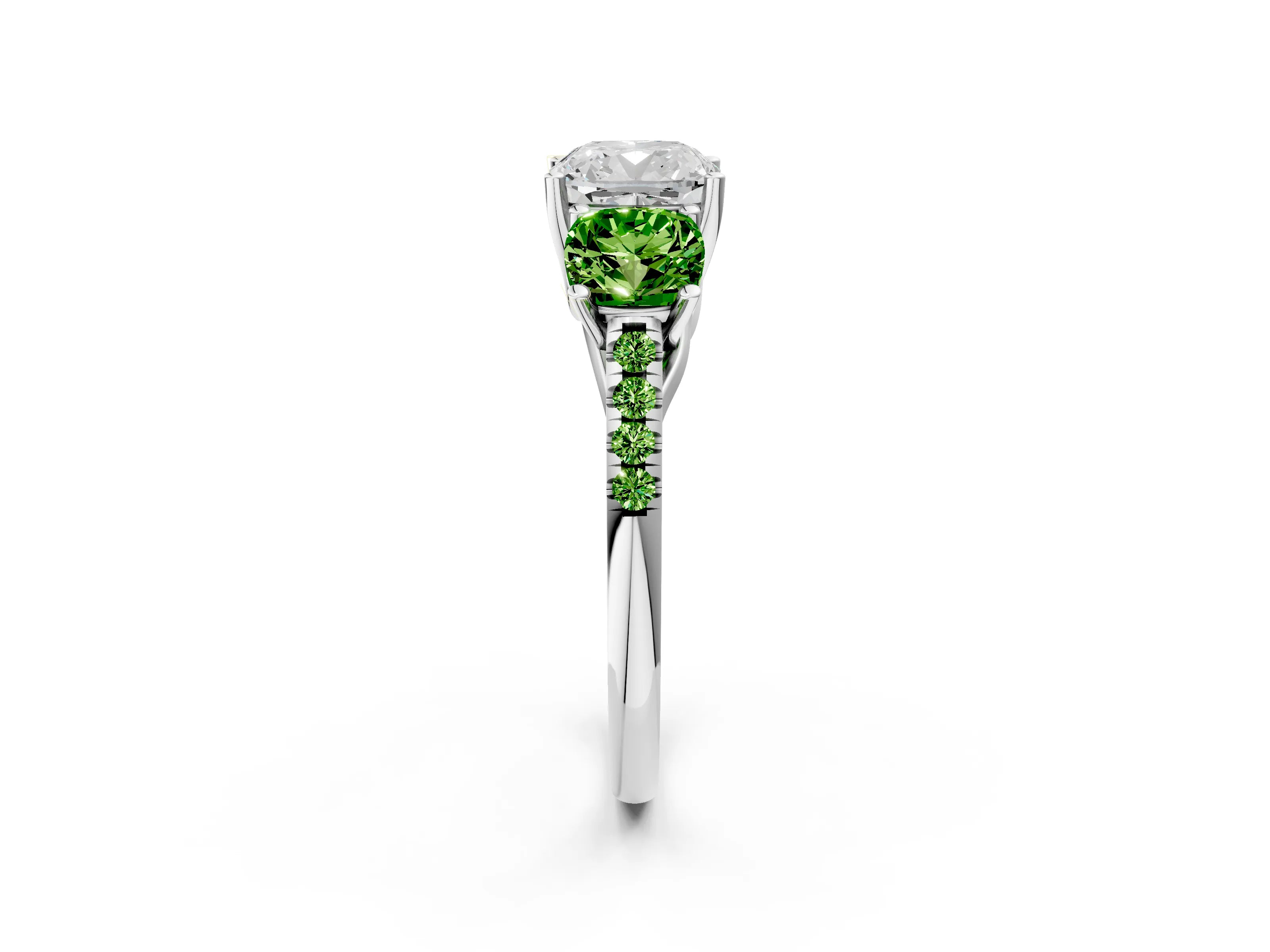 White gold Three-Stone Cushion Cut Diamond Ring with Round with Peridot side stone Pavé Band and Prong Setting_2