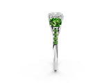 White gold Three-Stone Cushion Cut Diamond Ring with Round with Peridot side stone Pavé Band and Prong Setting_2