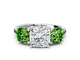 White gold Three-Stone Cushion Cut Diamond Ring with Round with Peridot side stone Pavé Band and Prong Setting