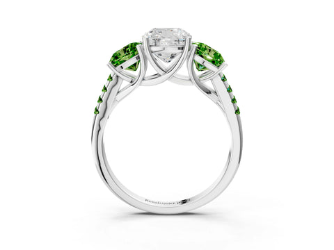 White gold Three-Stone Cushion Cut Diamond Ring with Round with Peridot side stone Pavé Band and Prong Setting_3