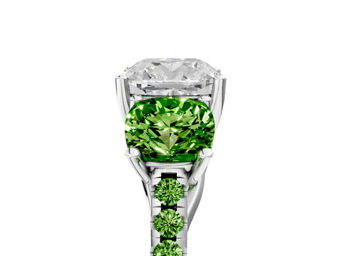 White gold Three-Stone Cushion Cut Diamond Ring with Round with Peridot side stone Pavé Band and Prong Setting_5