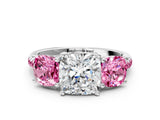 White gold Three-Stone Cushion Cut Diamond Ring with Round with Pink Sapphire side stone Pavé Band and Prong Setting_12