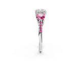 White gold Three-Stone Cushion Cut Diamond Ring with Round with Pink Sapphire side stone Pavé Band and Prong Setting_14