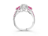 White gold Three-Stone Cushion Cut Diamond Ring with Round with Pink Sapphire side stone Pavé Band and Prong Setting_15