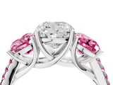 White gold Three-Stone Cushion Cut Diamond Ring with Round with Pink Sapphire side stone Pavé Band and Prong Setting_16