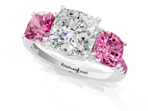 White gold Three-Stone Cushion Cut Diamond Ring with Round with Pink Sapphire side stone Pavé Band and Prong Setting_1
