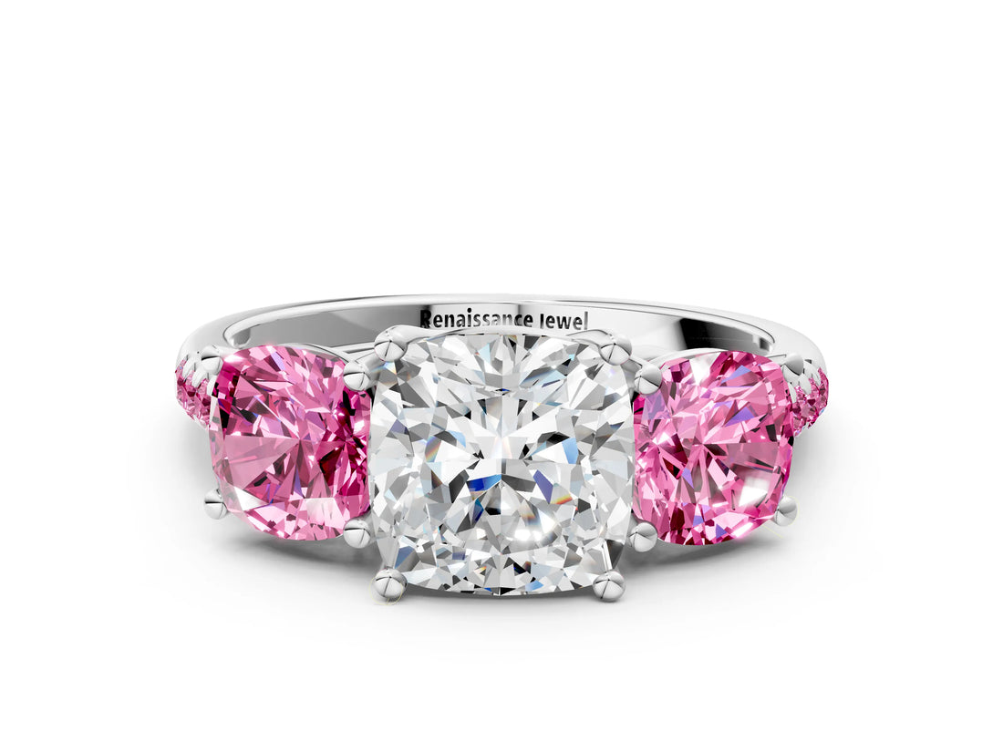 White gold Three-Stone Cushion Cut Diamond Ring with Round with Pink Sapphire side stone Pavé Band and Prong Setting_24
