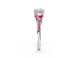 White gold Three-Stone Cushion Cut Diamond Ring with Round with Pink Sapphire side stone Pavé Band and Prong Setting_26