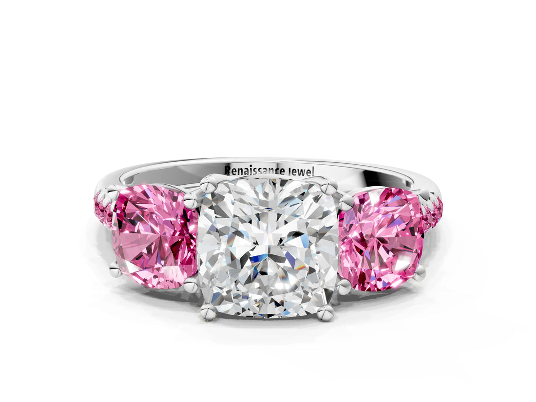 White gold Three-Stone Cushion Cut Diamond Ring with Round with Pink Sapphire side stone Pavé Band and Prong Setting