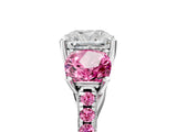White gold Three-Stone Cushion Cut Diamond Ring with Round with Pink Sapphire side stone Pavé Band and Prong Setting_29