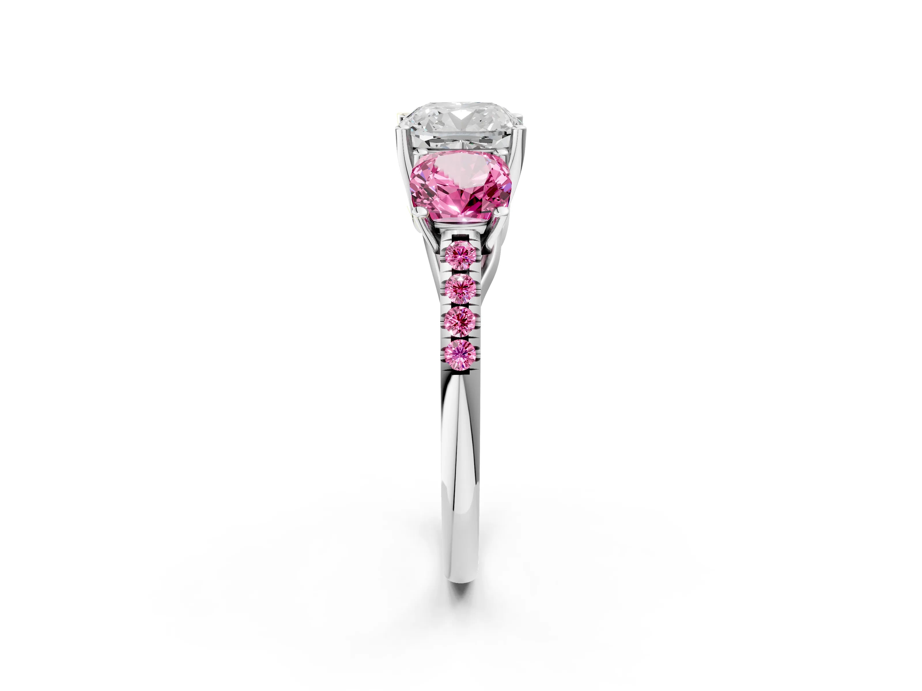 White gold Three-Stone Cushion Cut Diamond Ring with Round with Pink Sapphire side stone Pavé Band and Prong Setting_2
