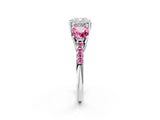 White gold Three-Stone Cushion Cut Diamond Ring with Round with Pink Sapphire side stone Pavé Band and Prong Setting_2