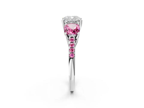 White gold Three-Stone Cushion Cut Diamond Ring with Round with Pink Sapphire side stone Pavé Band and Prong Setting_2