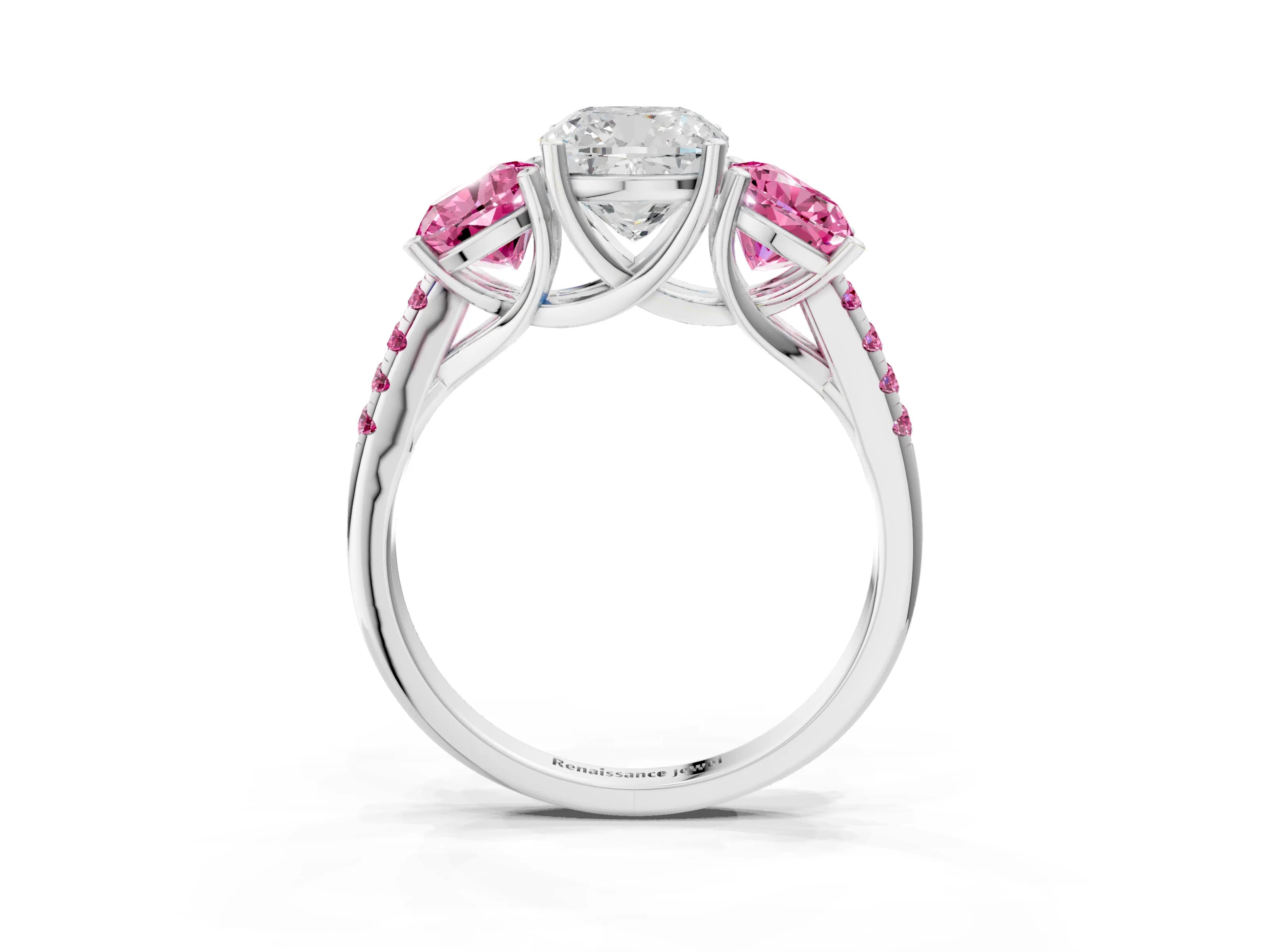 White gold Three-Stone Cushion Cut Diamond Ring with Round with Pink Sapphire side stone Pavé Band and Prong Setting_3