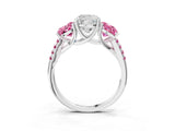 White gold Three-Stone Cushion Cut Diamond Ring with Round with Pink Sapphire side stone Pavé Band and Prong Setting_3