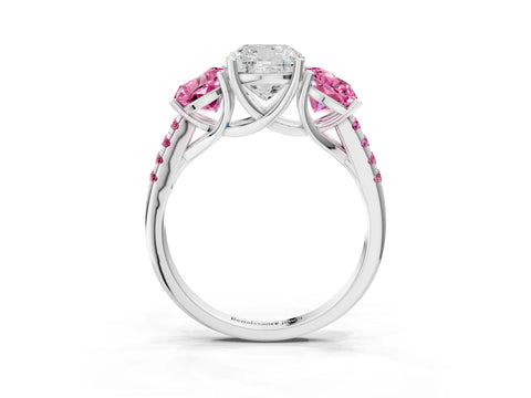 White gold Three-Stone Cushion Cut Diamond Ring with Round with Pink Sapphire side stone Pavé Band and Prong Setting_3