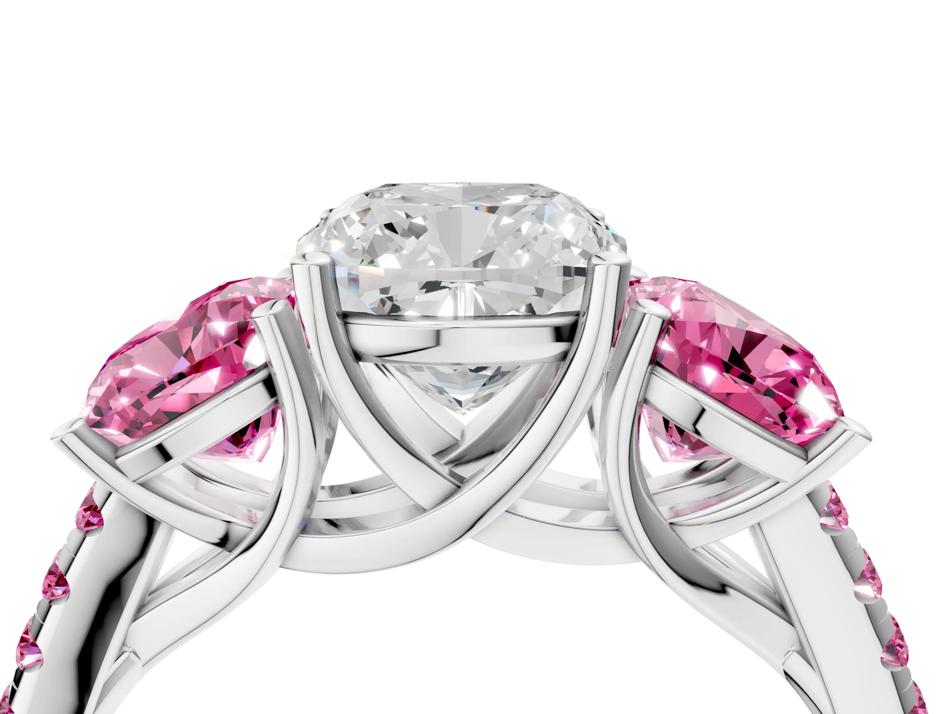 White gold Three-Stone Cushion Cut Diamond Ring with Round with Pink Sapphire side stone Pavé Band and Prong Setting_4