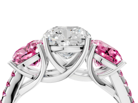 White gold Three-Stone Cushion Cut Diamond Ring with Round with Pink Sapphire side stone Pavé Band and Prong Setting_4