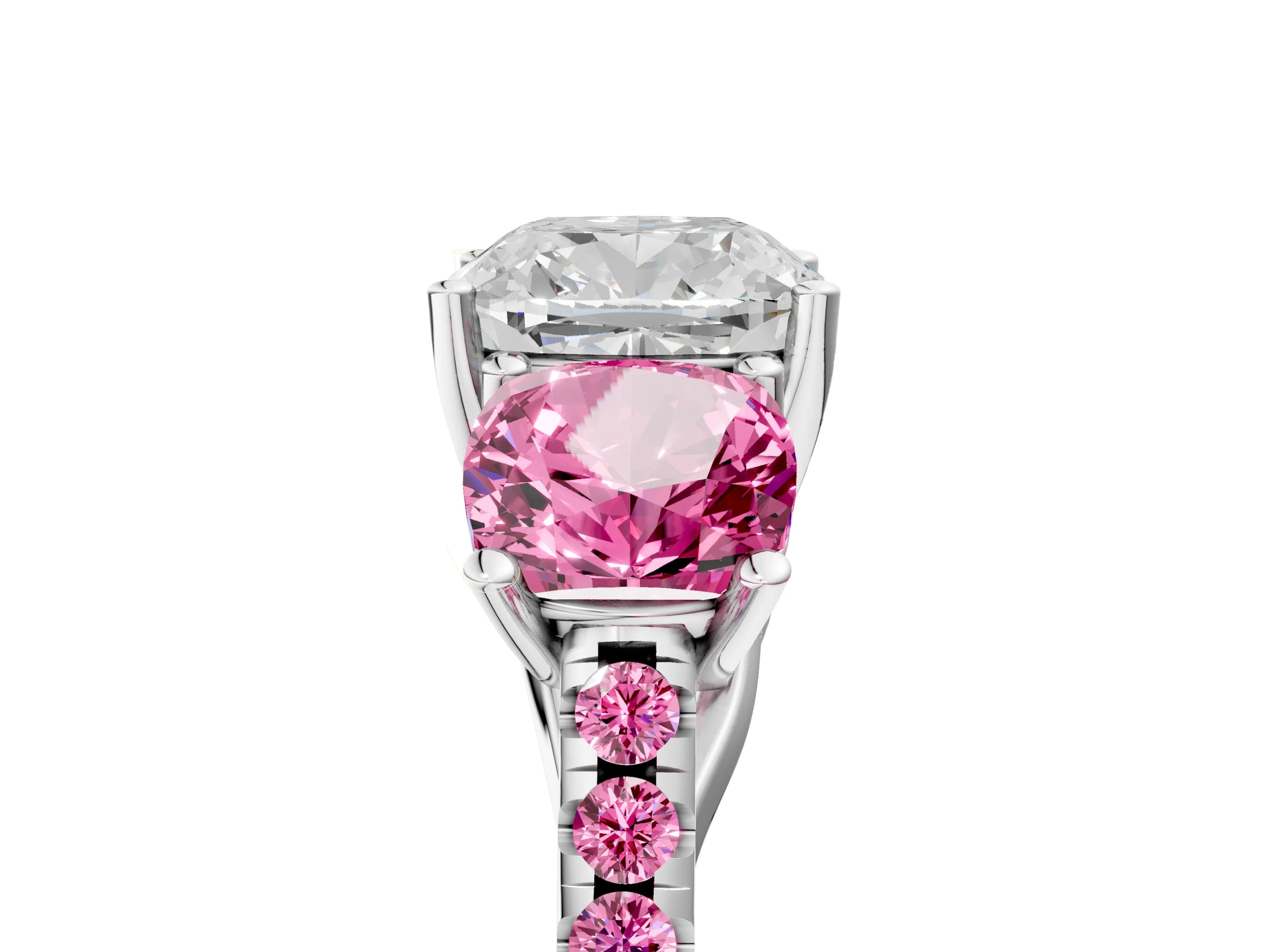 White gold Three-Stone Cushion Cut Diamond Ring with Round with Pink Sapphire side stone Pavé Band and Prong Setting_5