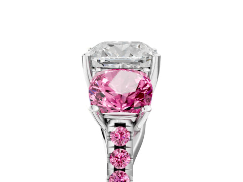 White gold Three-Stone Cushion Cut Diamond Ring with Round with Pink Sapphire side stone Pavé Band and Prong Setting_5