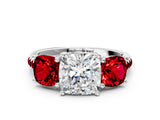 White gold Three-Stone Cushion Cut Diamond Ring with Round with Ruby side stone Pavé Band and Prong Setting_12
