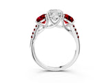 White gold Three-Stone Cushion Cut Diamond Ring with Round with Ruby side stone Pavé Band and Prong Setting_15