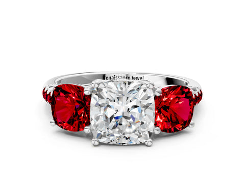 White gold Three-Stone Cushion Cut Diamond Ring with Round with Ruby side stone Pavé Band and Prong Setting