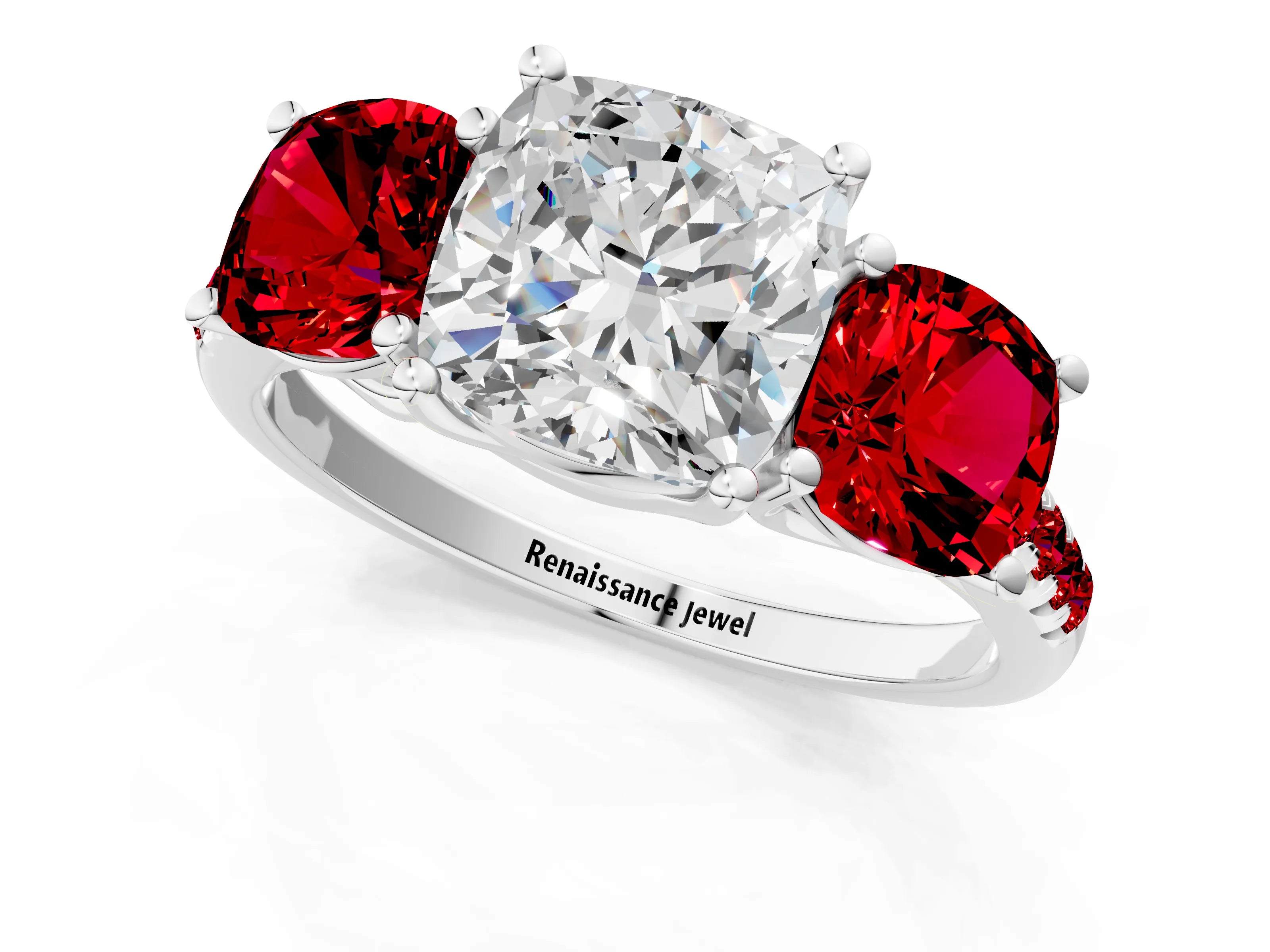 White gold Three-Stone Cushion Cut Diamond Ring with Round with Ruby side stone Pavé Band and Prong Setting_1