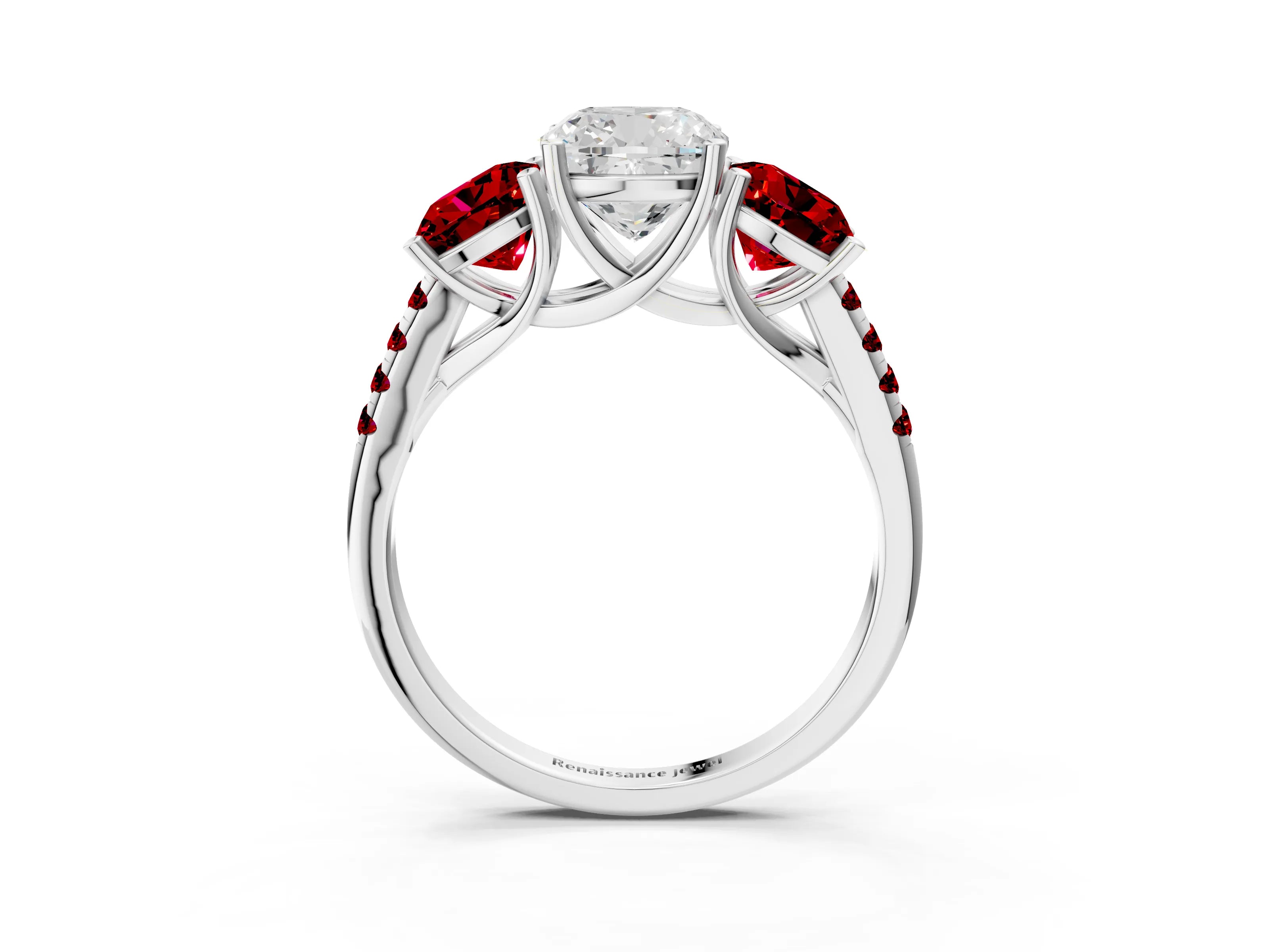 White gold Three-Stone Cushion Cut Diamond Ring with Round with Ruby side stone Pavé Band and Prong Setting_3