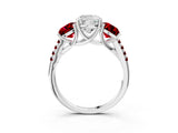 White gold Three-Stone Cushion Cut Diamond Ring with Round with Ruby side stone Pavé Band and Prong Setting_3