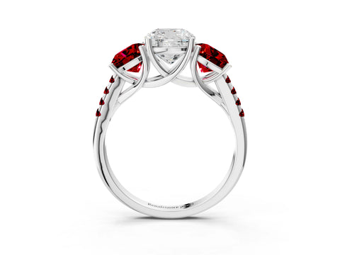 White gold Three-Stone Cushion Cut Diamond Ring with Round with Ruby side stone Pavé Band and Prong Setting_3