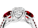 White gold Three-Stone Cushion Cut Diamond Ring with Round with Ruby side stone Pavé Band and Prong Setting_4