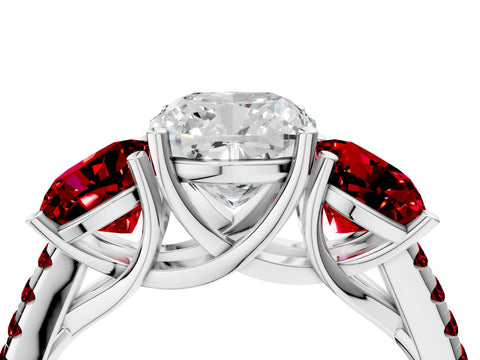 White gold Three-Stone Cushion Cut Diamond Ring with Round with Ruby side stone Pavé Band and Prong Setting_4