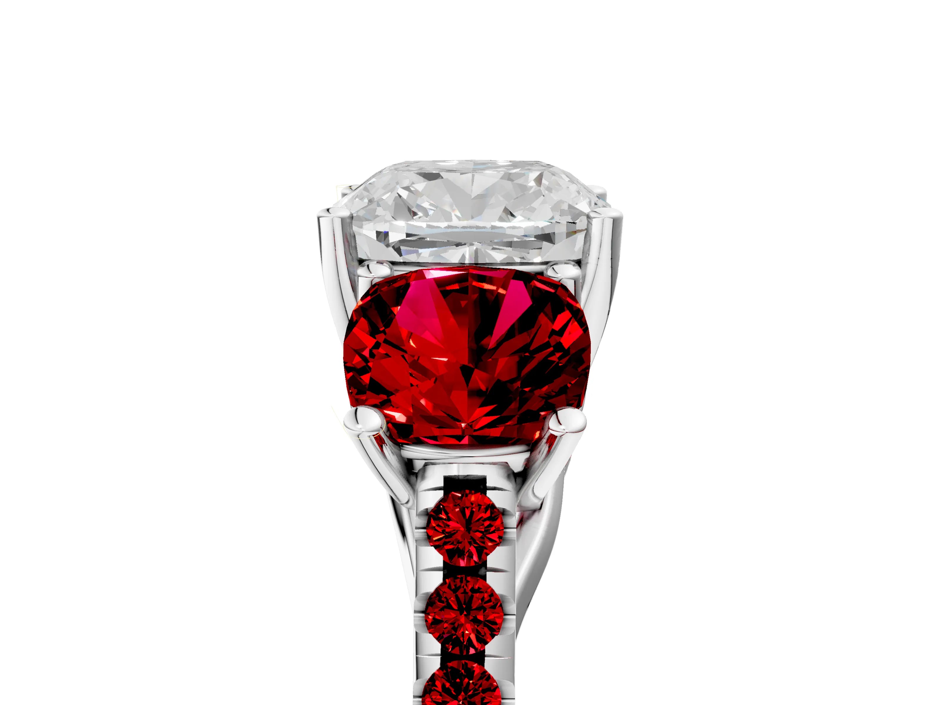 White gold Three-Stone Cushion Cut Diamond Ring with Round with Ruby side stone Pavé Band and Prong Setting_5