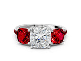 White gold Three-Stone Cushion Cut Diamond Ring with Round with Ruby side stone Pavé Band and Prong Setting