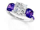 White gold Three-Stone Cushion Cut Diamond Ring with Round with Tanzanite side stone Pavé Band and Prong Setting_1