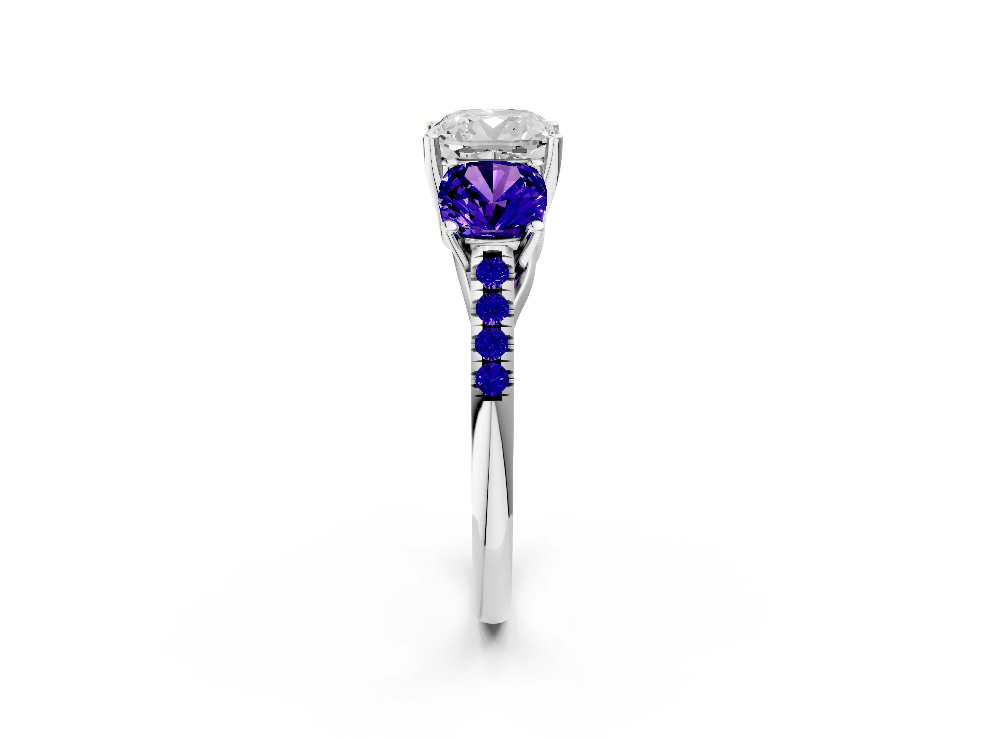 White gold Three-Stone Cushion Cut Diamond Ring with Round with Tanzanite side stone Pavé Band and Prong Setting_2